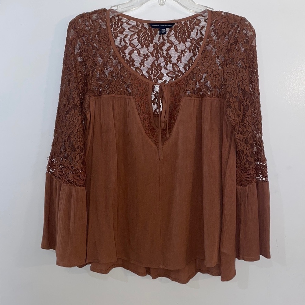 AMERICAN EAGLE long sleeve top lace blouse flounce sleeve loose fit tied boho